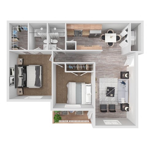 A 3D floor plan of a small apartment with a kitchen, living room, and bathroom.